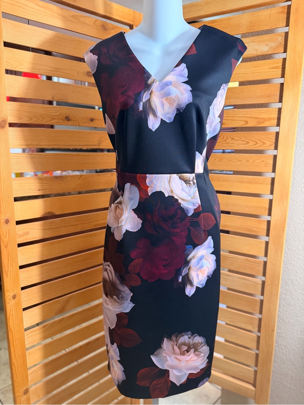 Calvin Klein Black Midi Sheath Dress with Burgundy & Cream Floral Print